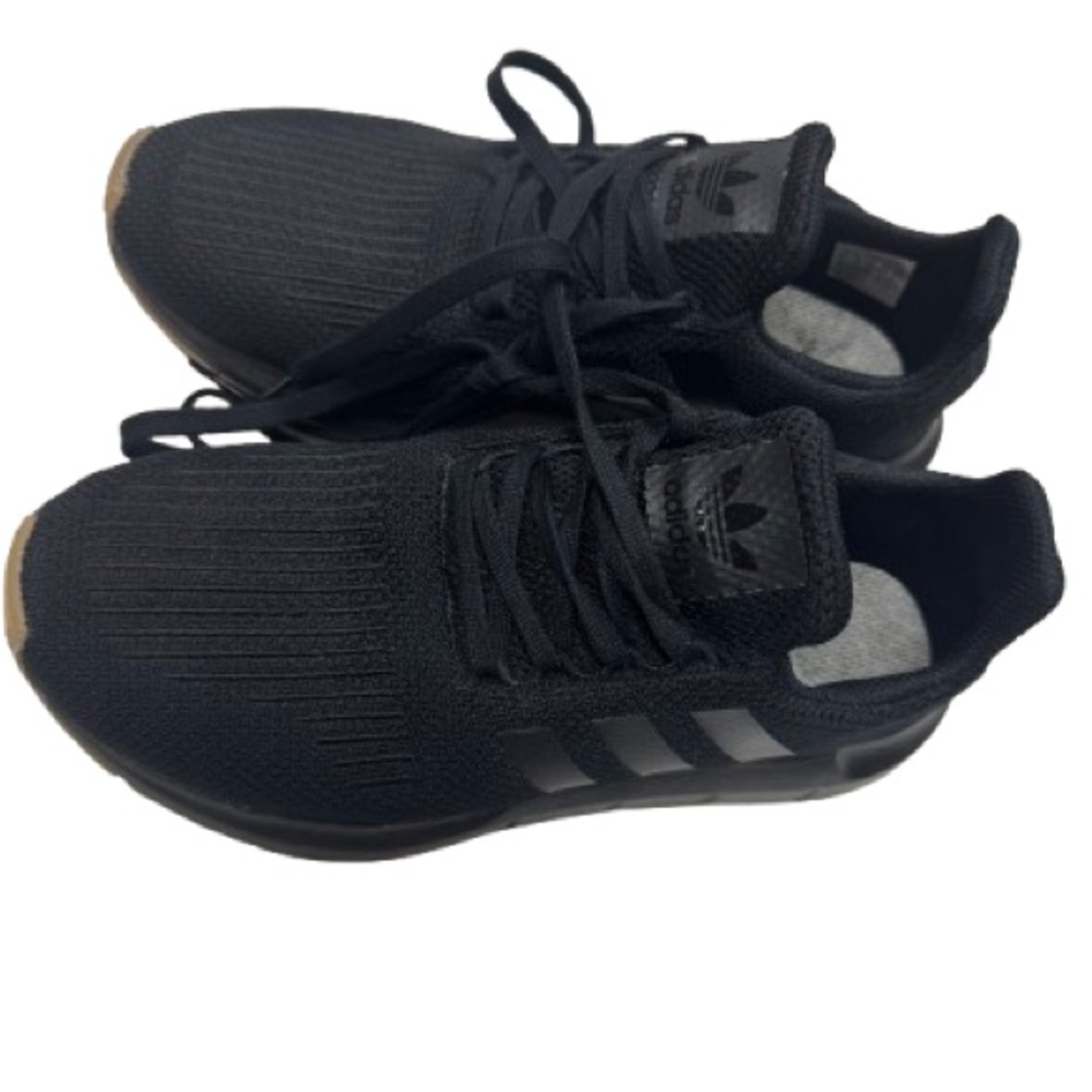 Adidas Black Sneakers with Gray Stripes & brown bottoms size 8.5